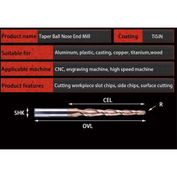 6mm SHK Tapered Ball Nose  CEL 20mm L- 50mm  HRC55 CNC Bit